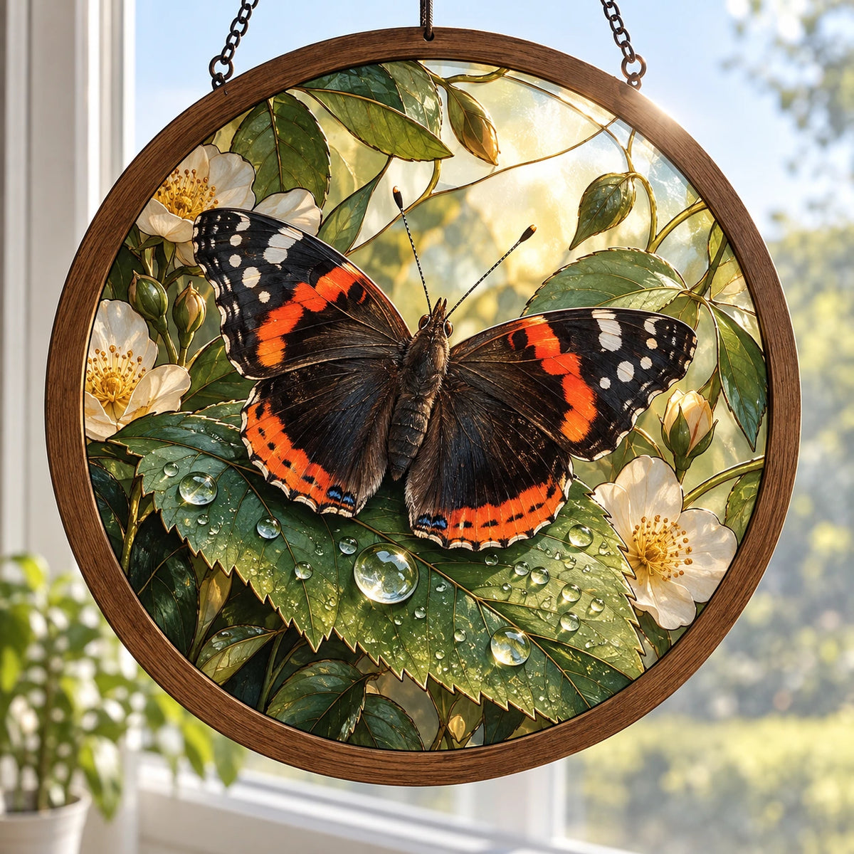 Red Admiral Butterfly Dewdrop Leaf Wood & Acrylic Suncatcher with printed dimensional artwork