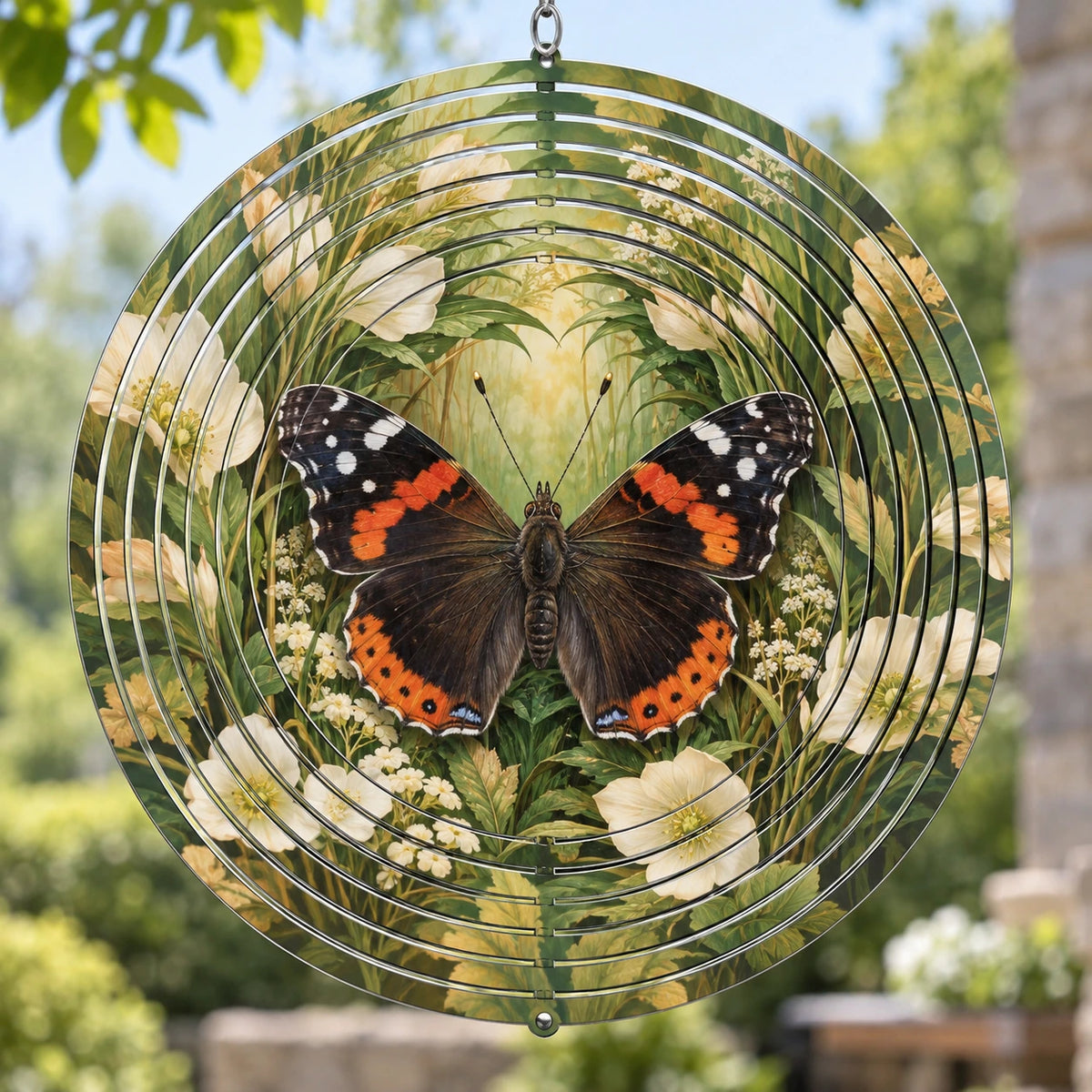 Red Admiral Butterfly Meadow Portal Wind Spinner with printed dimensional artwork