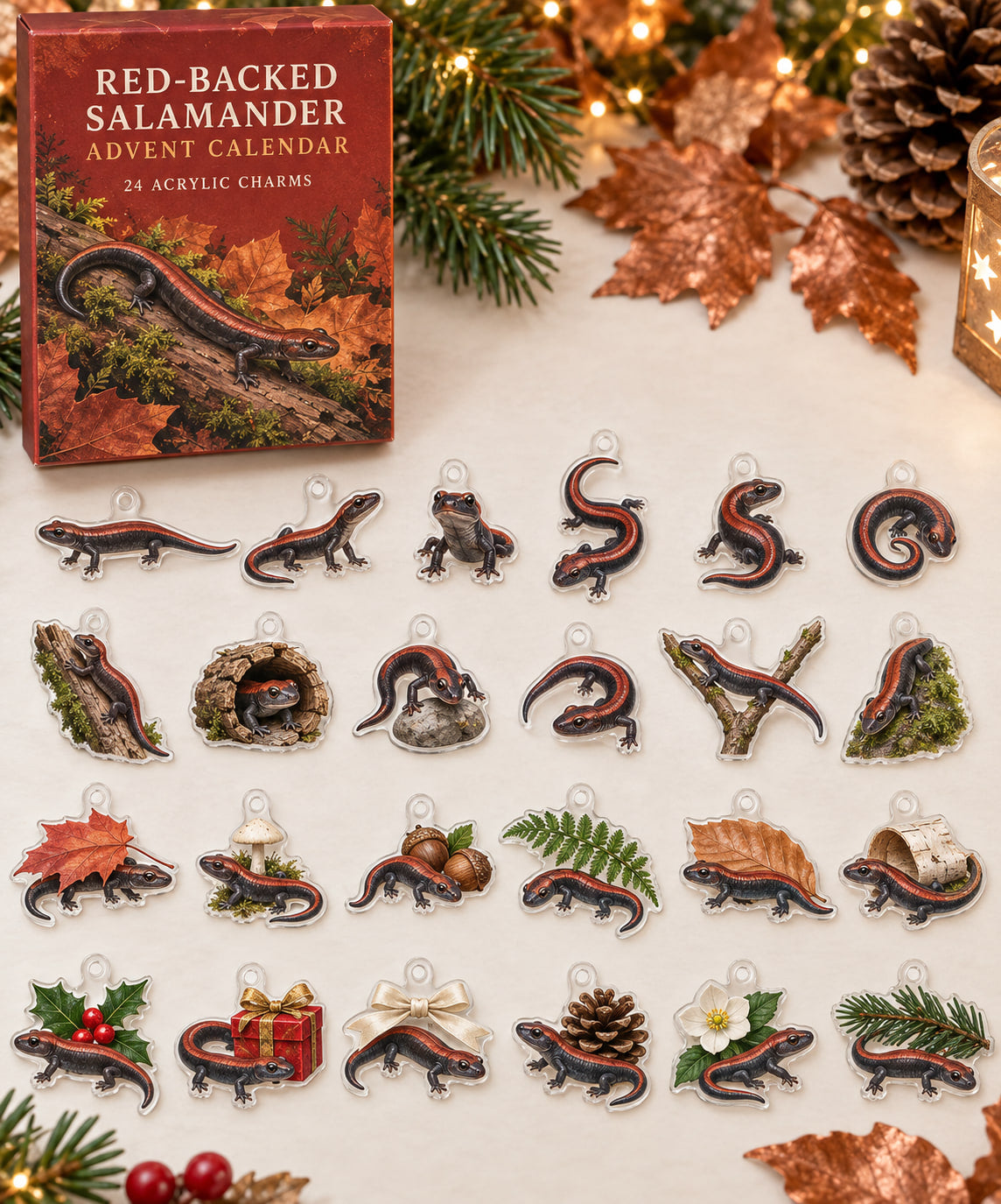 Red-Backed Salamander advent calendar with 24 custom-shaped flat acrylic charms and printed dimensional artwork