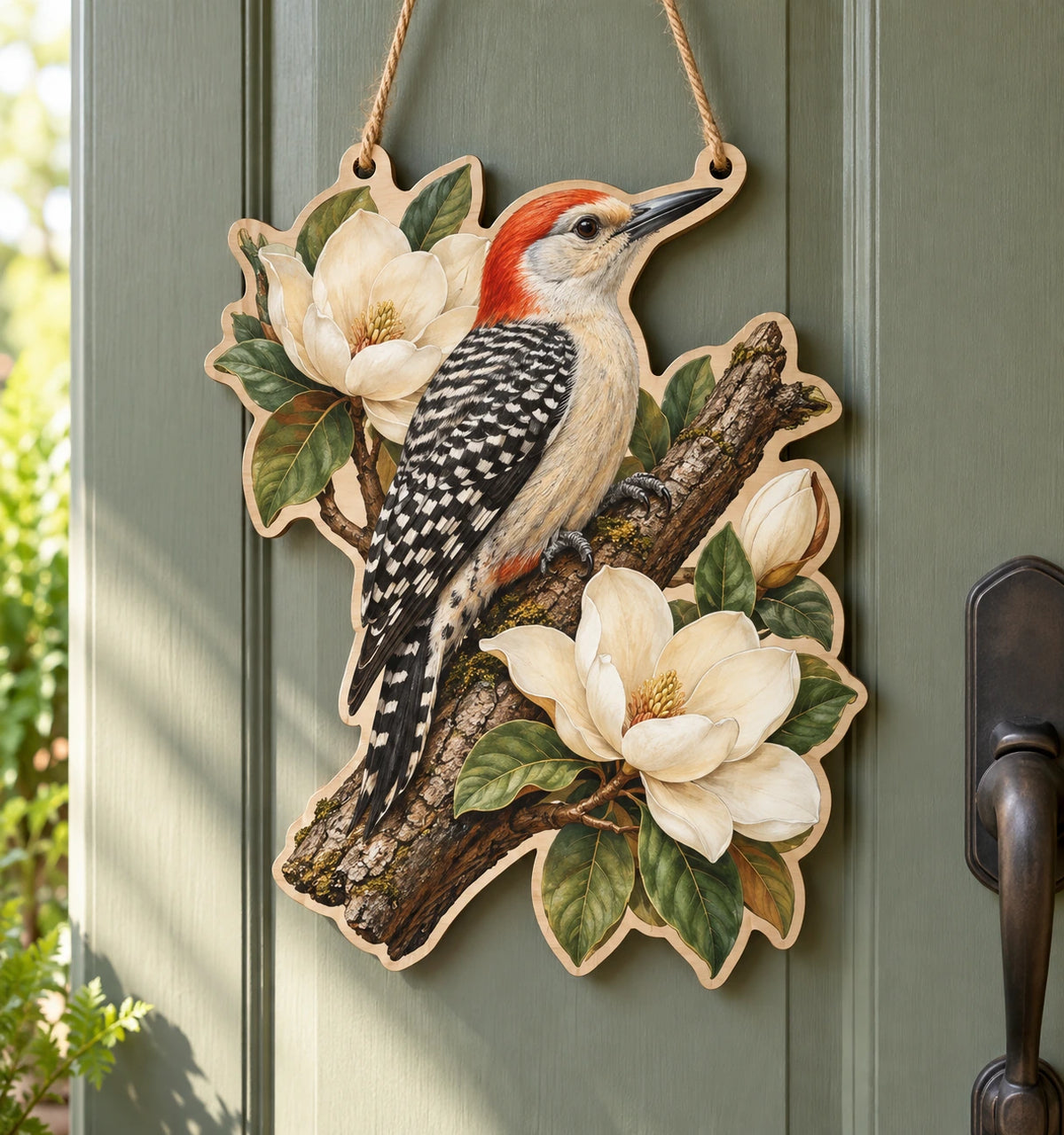 Red-bellied Woodpecker Magnolia Branch Custom Shape Door Hanger with printed dimensional artwork