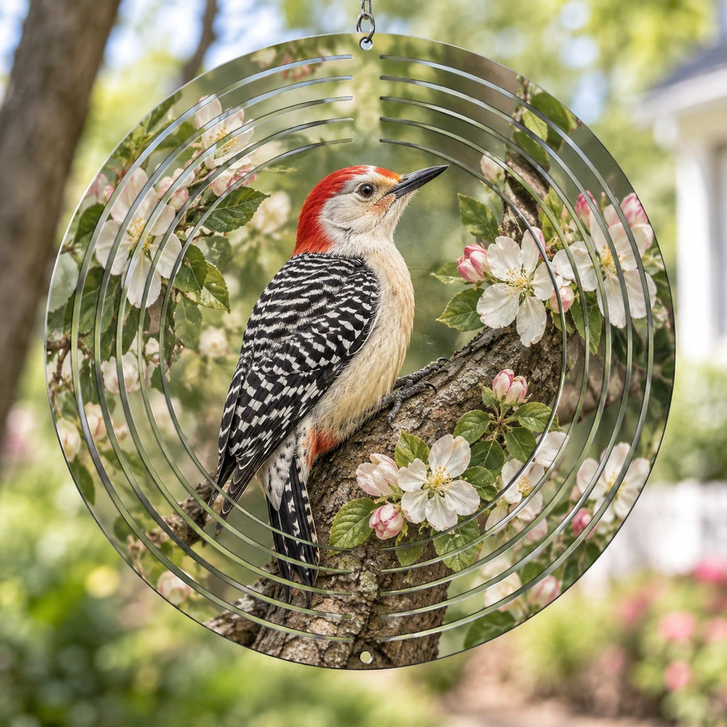 Red-bellied Woodpecker Orchard Blossom Wind Spinner with printed dimensional artwork