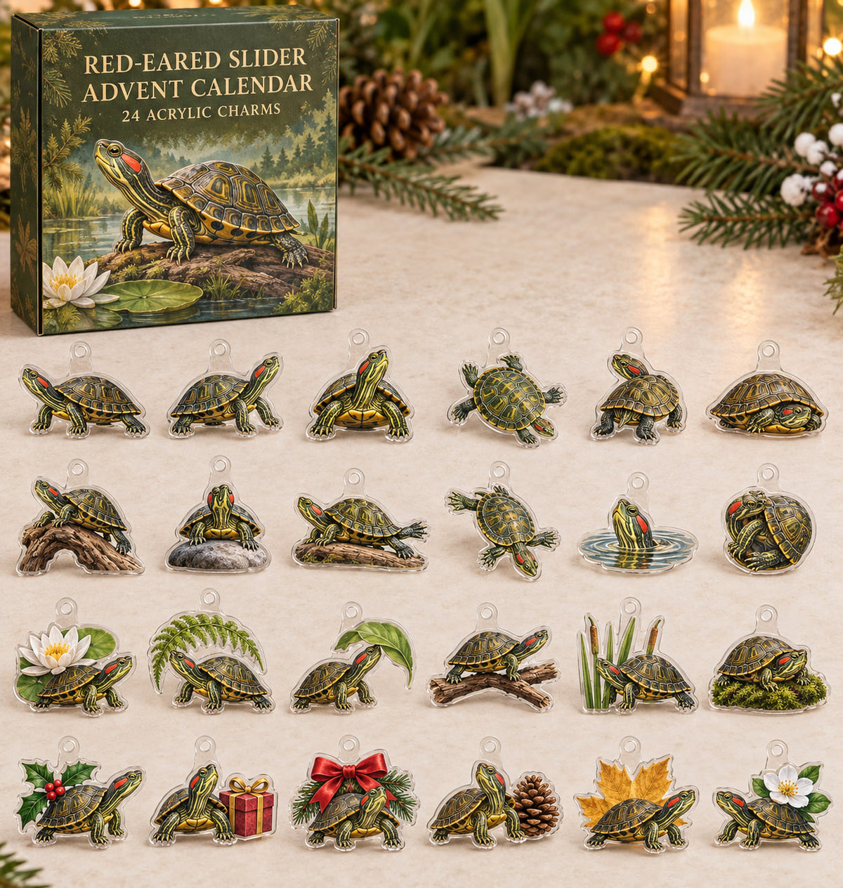 Red-Eared Slider advent calendar with 24 custom-shaped flat acrylic charms and printed dimensional artwork