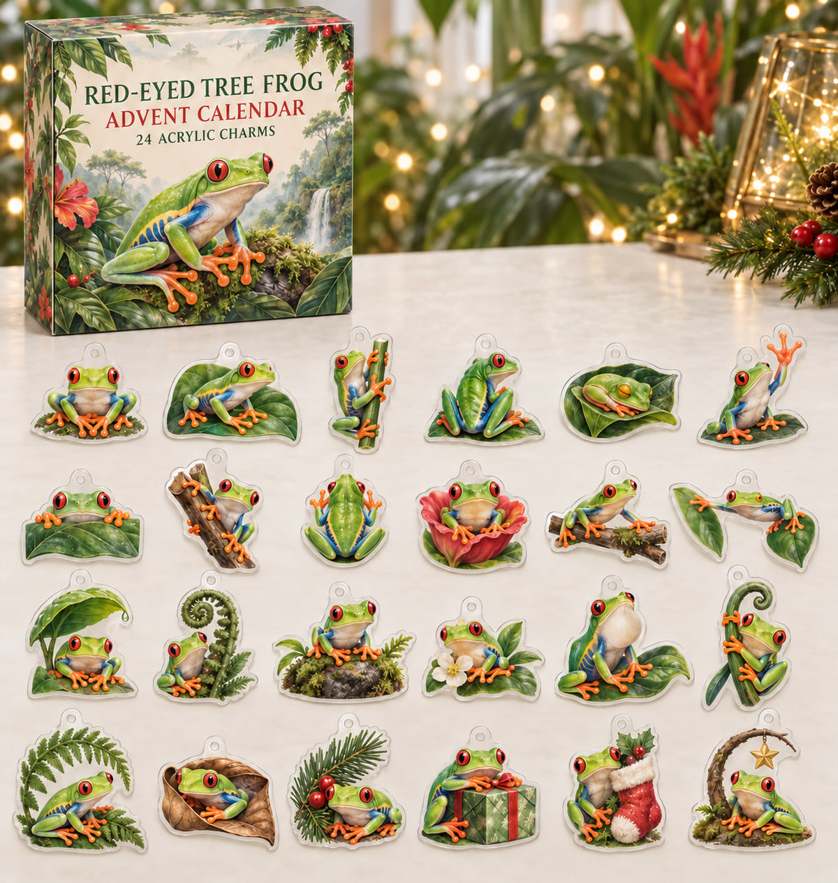 Red-Eyed Tree Frog advent calendar with 24 custom-shaped flat acrylic charms and printed dimensional artwork