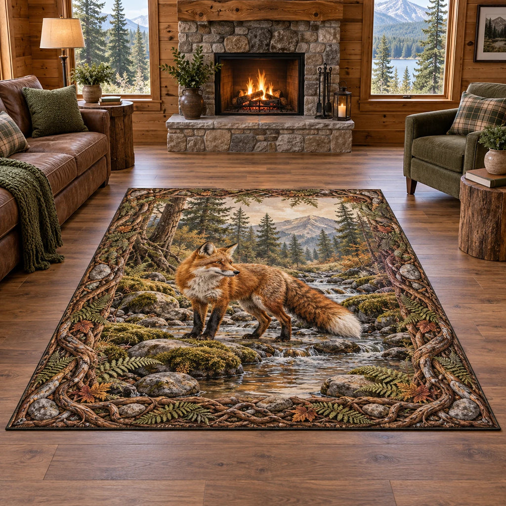 Red Fox Creek Crossing Area Rug with a russet fox, rocky creek, ferns and roots.