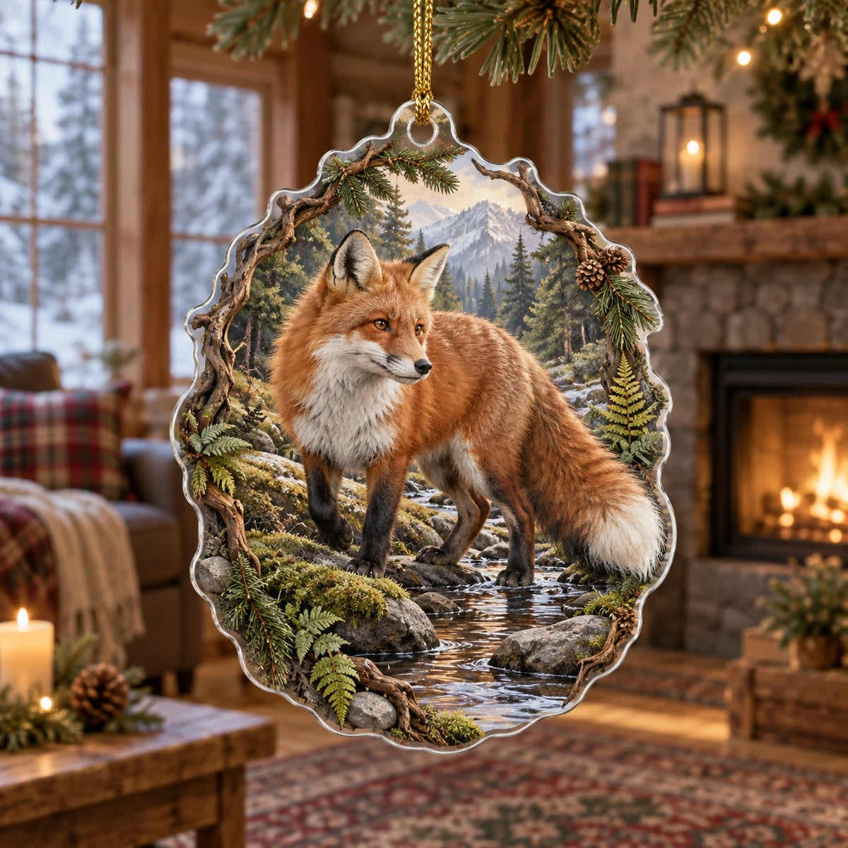 Red Fox Creek Crossing Christmas Ornament with a russet fox, rocky creek, ferns and roots.