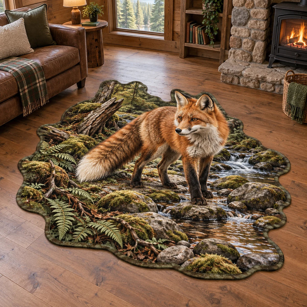 Red Fox Creek Crossing Custom Shape Area Rug with a russet fox, mossy creek stones, roots and ferns.