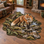 Red Fox Creek Crossing Custom Shape Area Rug with a russet fox, mossy creek stones, roots and ferns.