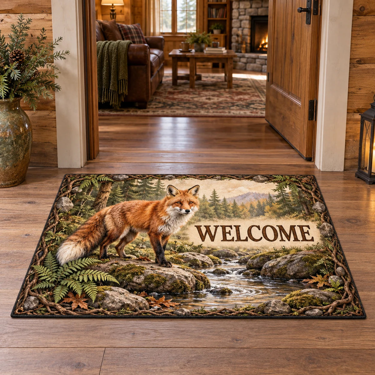 Red Fox Creek Crossing Doormat with a russet fox, mossy creek stones, roots and ferns.