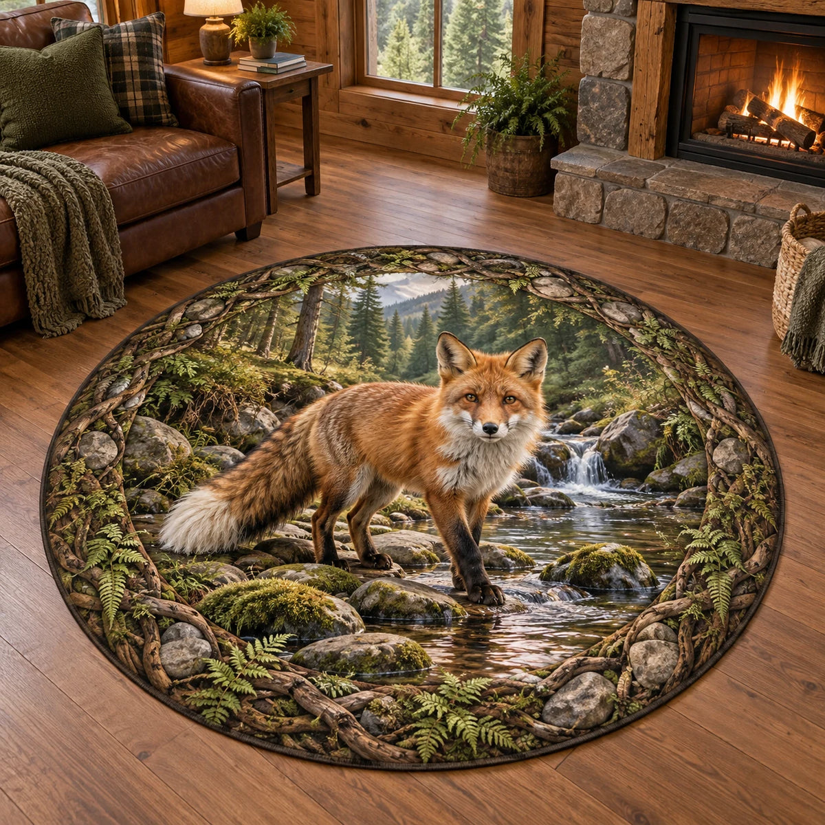 Red Fox Creek Crossing Round Mat Rug with a russet fox, rocky creek, ferns and roots.