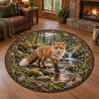 Red Fox Creek Crossing Round Mat Rug with a russet fox, rocky creek, ferns and roots.