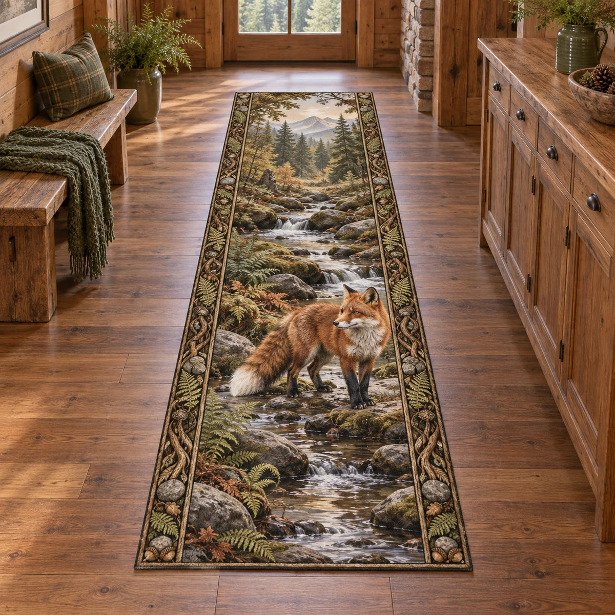 Red Fox Creek Crossing Runner Rug with a russet fox, rocky creek, ferns and roots.