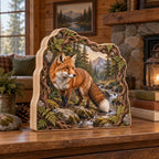 Red Fox Creek Crossing Wooden Block 3 Layer with a russet fox, mossy creek stones, roots and ferns.