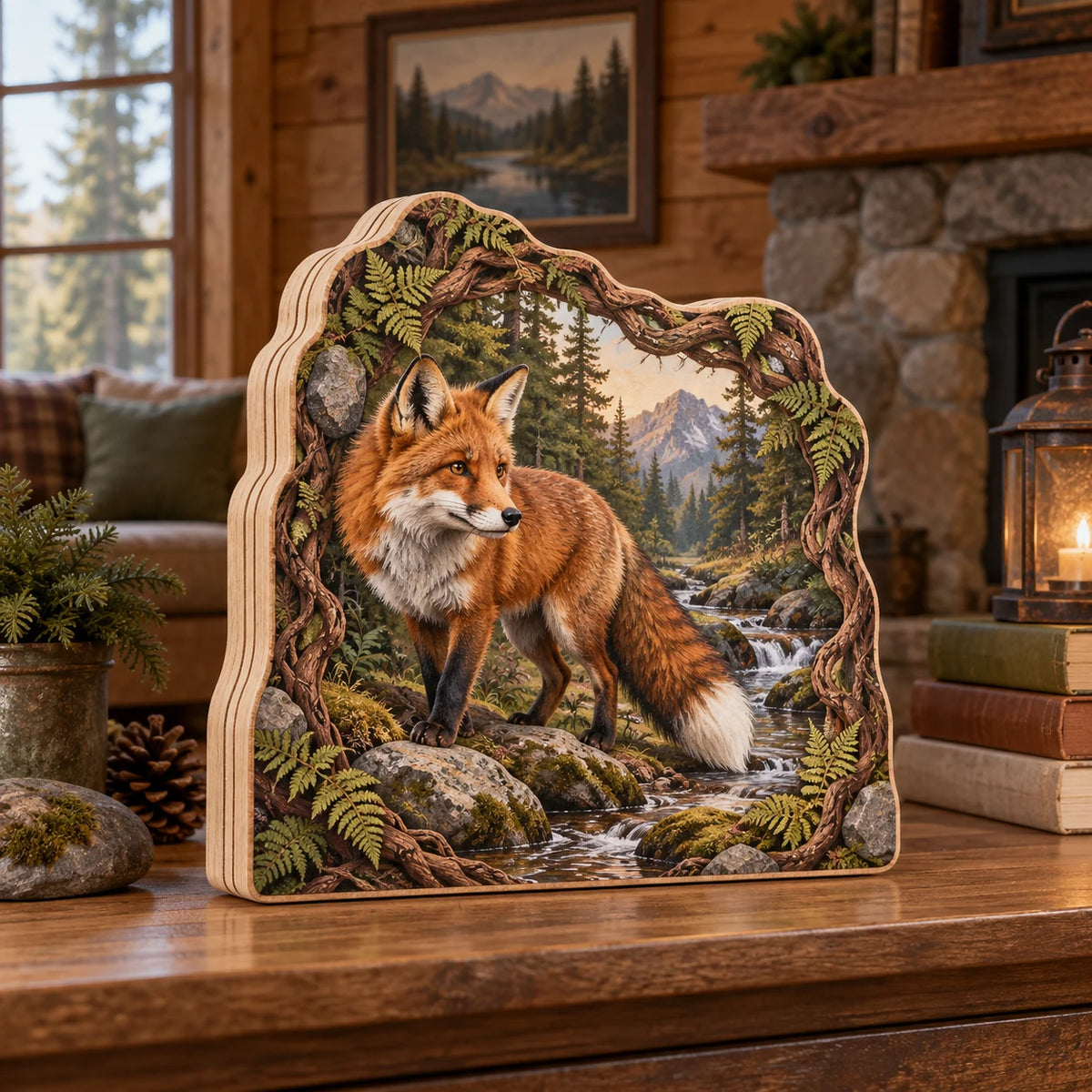 Red Fox Creek Crossing Wooden Block 3 Layer with a russet fox, mossy creek stones, roots and ferns.
