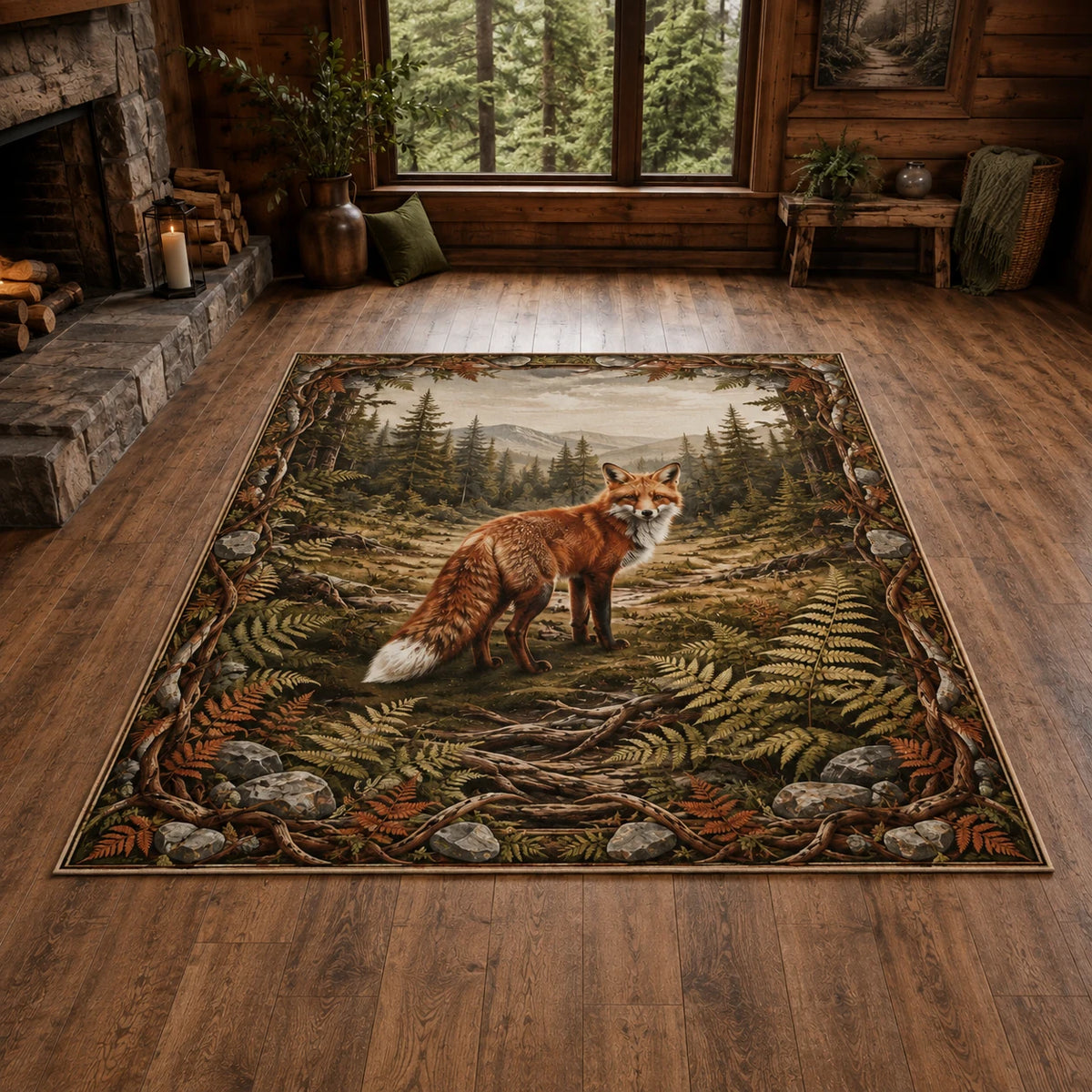 Red Fox Fern Clearing Area Rug with an original printed 3D effect in a matching room setting