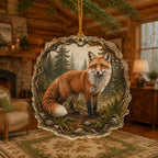 Red Fox Fern Clearing Christmas Ornament with dimensional printed details and a coordinated nature border