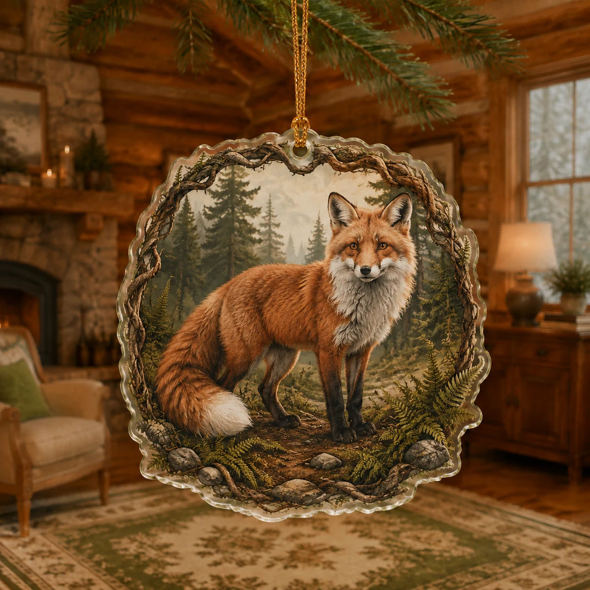 Red Fox Fern Clearing Christmas Ornament with dimensional printed details and a coordinated nature border
