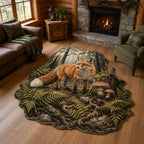 Red Fox Fern Clearing Custom Shape Area Rug with dimensional printed details and a coordinated nature border