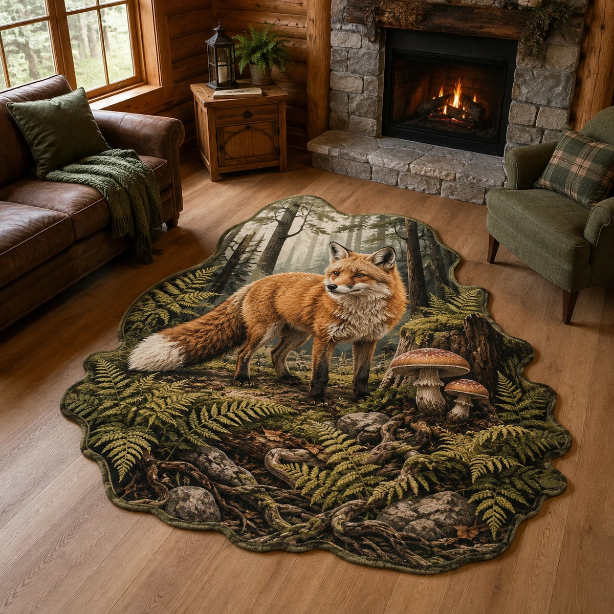 Red Fox Fern Clearing Custom Shape Area Rug with dimensional printed details and a coordinated nature border