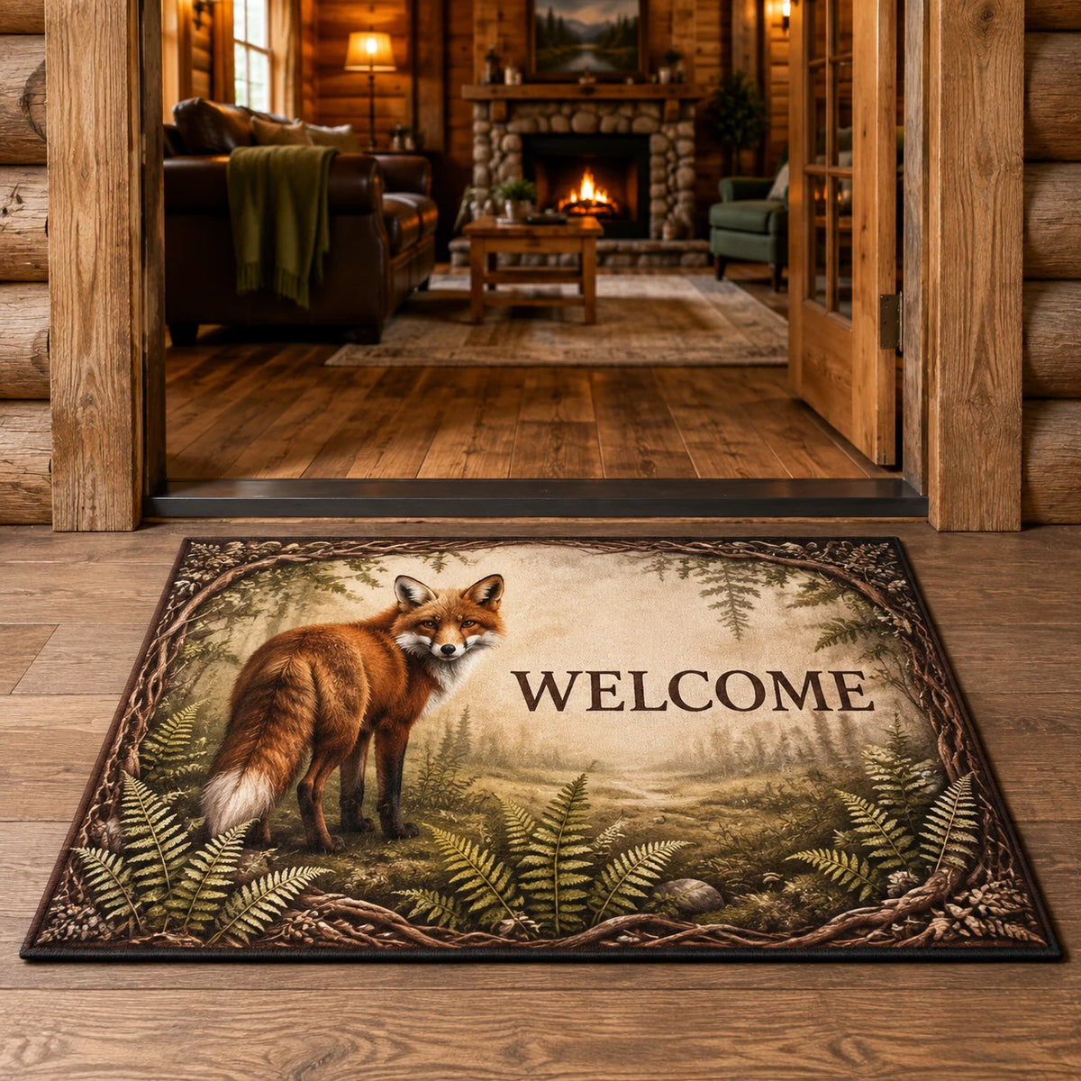 Red Fox Fern Clearing Doormat with dimensional printed details and a coordinated nature border
