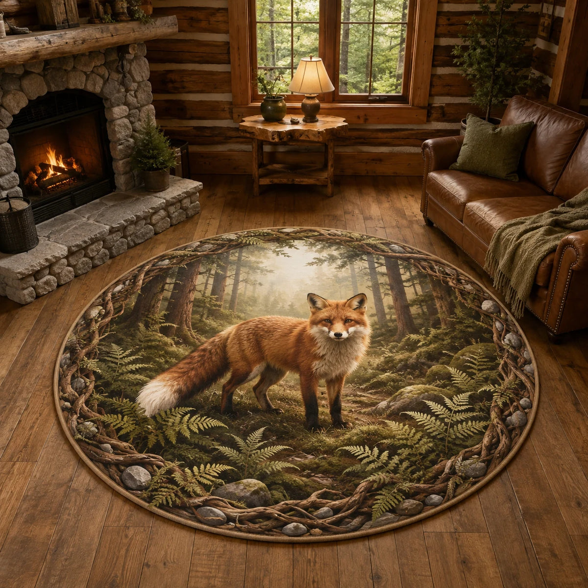 Red Fox Fern Clearing Round Mat Rug with dimensional printed details and a coordinated nature border