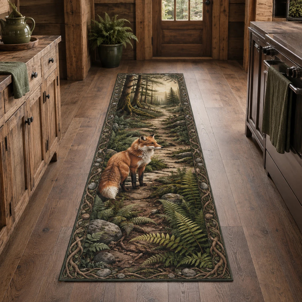 Red Fox Fern Clearing Runner Rug with dimensional printed details and a coordinated nature border