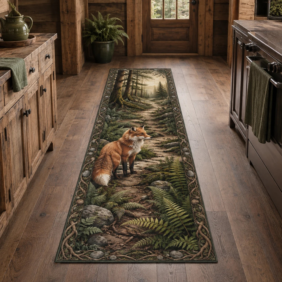 Red Fox Fern Clearing Runner Rug with dimensional printed details and a coordinated nature border