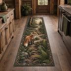 Red Fox Fern Clearing Runner Rug with dimensional printed details and a coordinated nature border