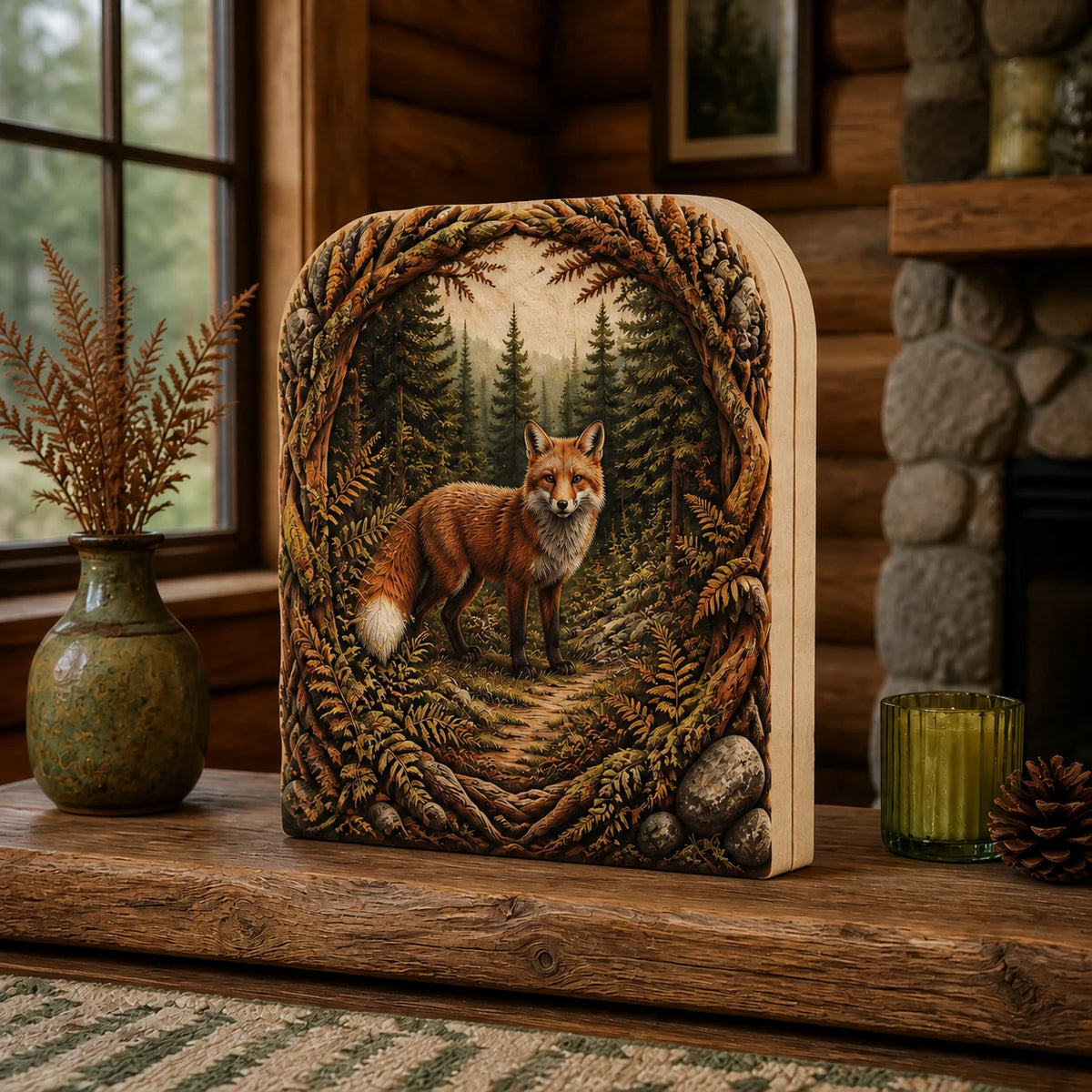 Red Fox Fern Clearing Wooden Block 3 Layer with dimensional printed details and a coordinated nature border