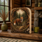 Red Fox Fern Clearing Wooden Block 3 Layer with dimensional printed details and a coordinated nature border