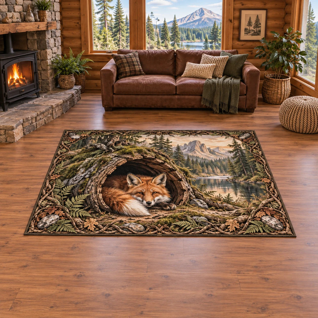 Red Fox Hollow Tree Area Rug with curled fox, mossy hollow log and fern accents in a cabin setting