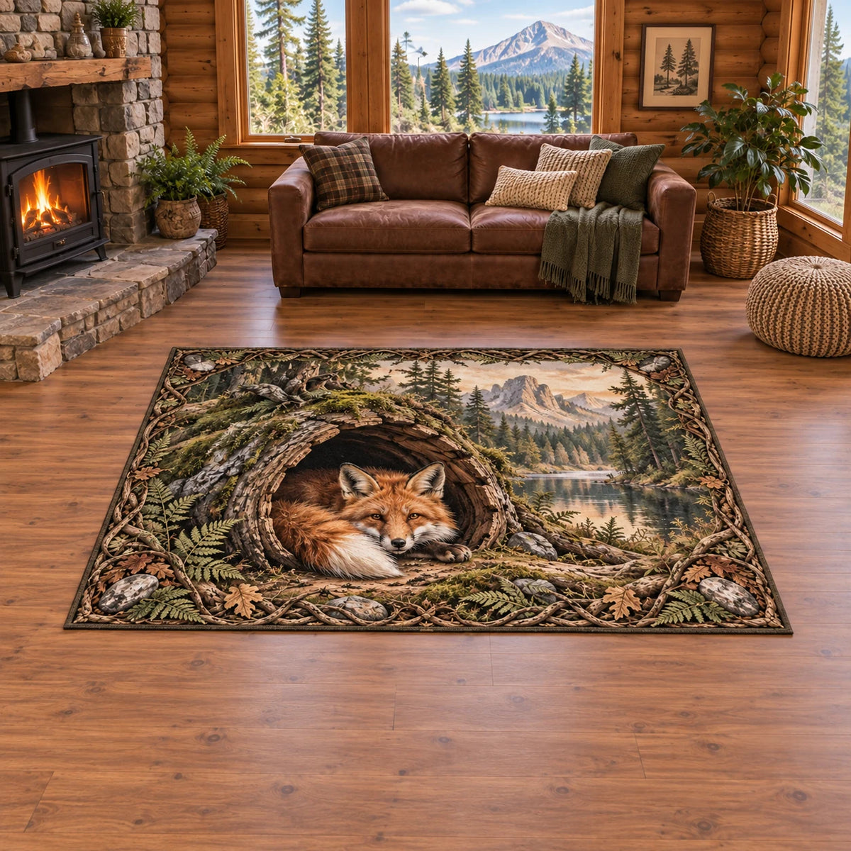 Red Fox Hollow Tree Area Rug with curled fox, mossy hollow log and fern accents in a cabin setting
