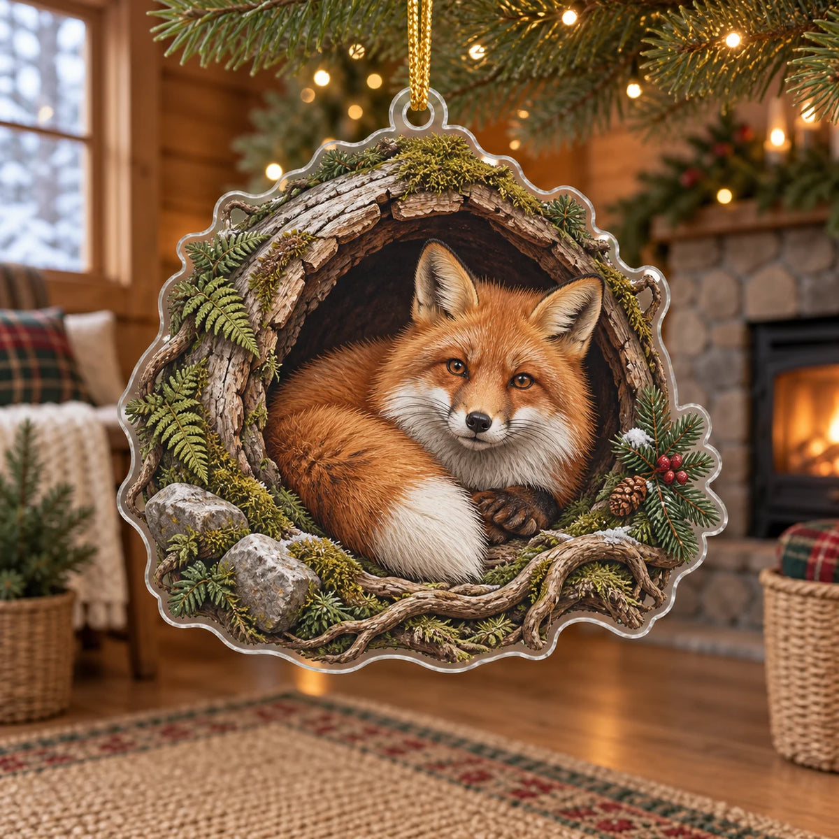 Red Fox Hollow Tree Christmas Ornament with curled fox, mossy hollow log and fern accents in a cabin setting