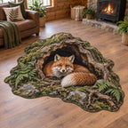 Red Fox Hollow Tree Custom Shape Area Rug with curled fox, mossy hollow trunk and ferns in a timber cabin