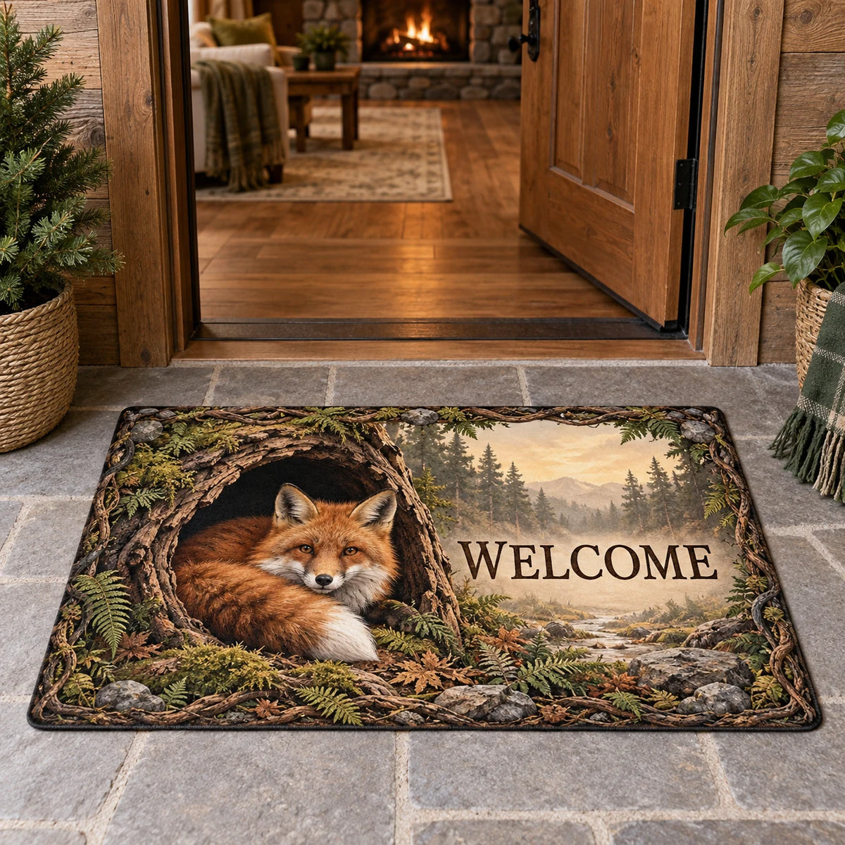 Red Fox Hollow Tree Doormat with curled fox, mossy hollow log and fern accents in a cabin setting