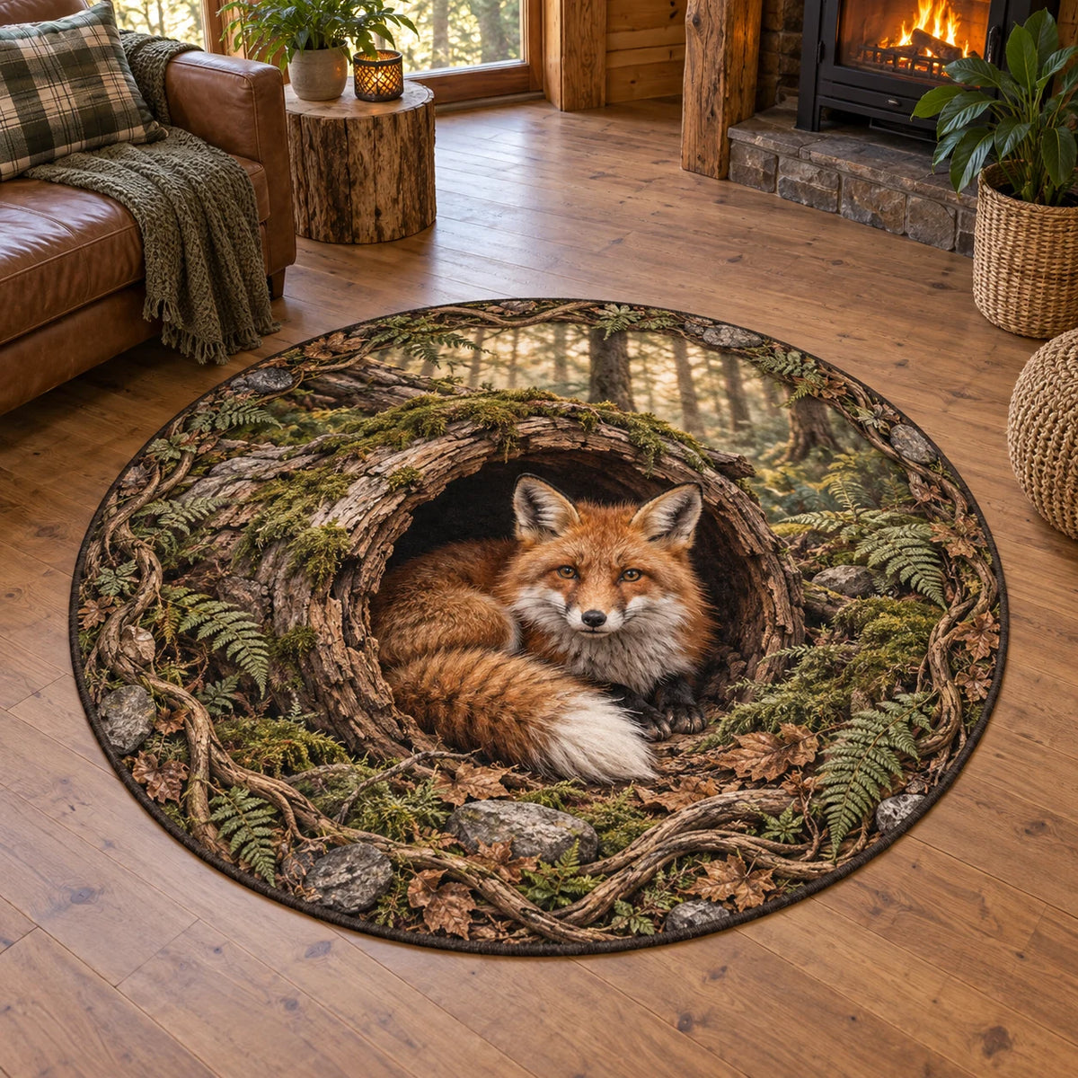 Red Fox Hollow Tree Round Mat Rug with curled fox, mossy hollow log and fern accents in a cabin setting