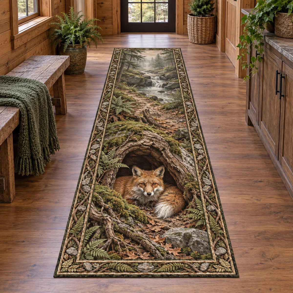 Red Fox Hollow Tree Runner Rug with curled fox, mossy hollow log and fern accents in a cabin setting