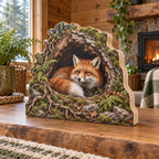 Red Fox Hollow Tree Wooden Block 3 Layer with curled fox, mossy hollow trunk and ferns in a timber cabin