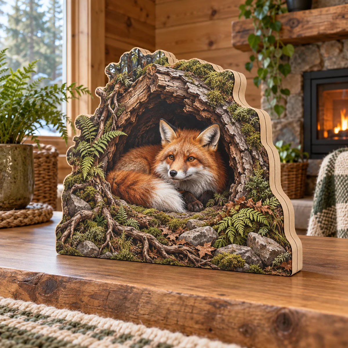 Red Fox Hollow Tree Wooden Block 3 Layer with curled fox, mossy hollow trunk and ferns in a timber cabin