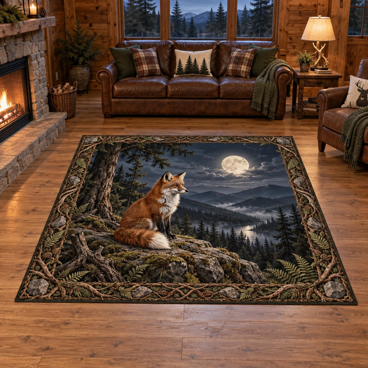 Red fox area rug with moonlit forest valley and a rectangular root, fern and stone border