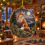 Red fox acrylic Christmas ornament with moonlit ridge, roots and fern framing