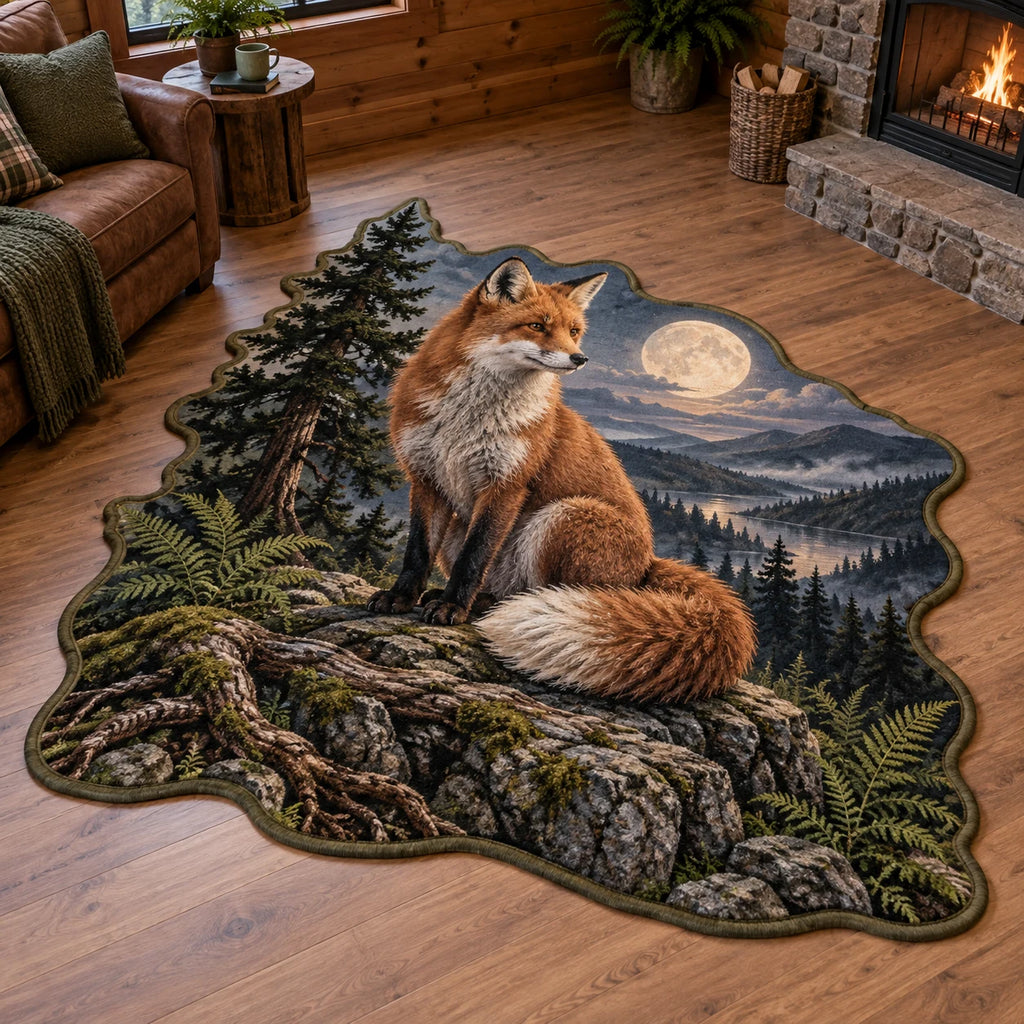 Red fox custom shape rug with moonlit forest valley and root, fern and rocky ridge details