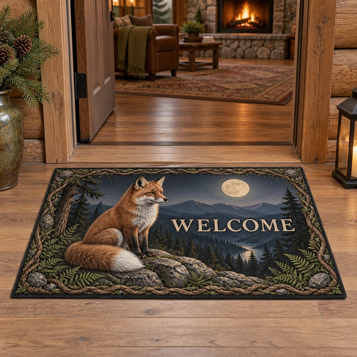 Red fox WELCOME doormat with moonlit forest hills and root, fern and stone border