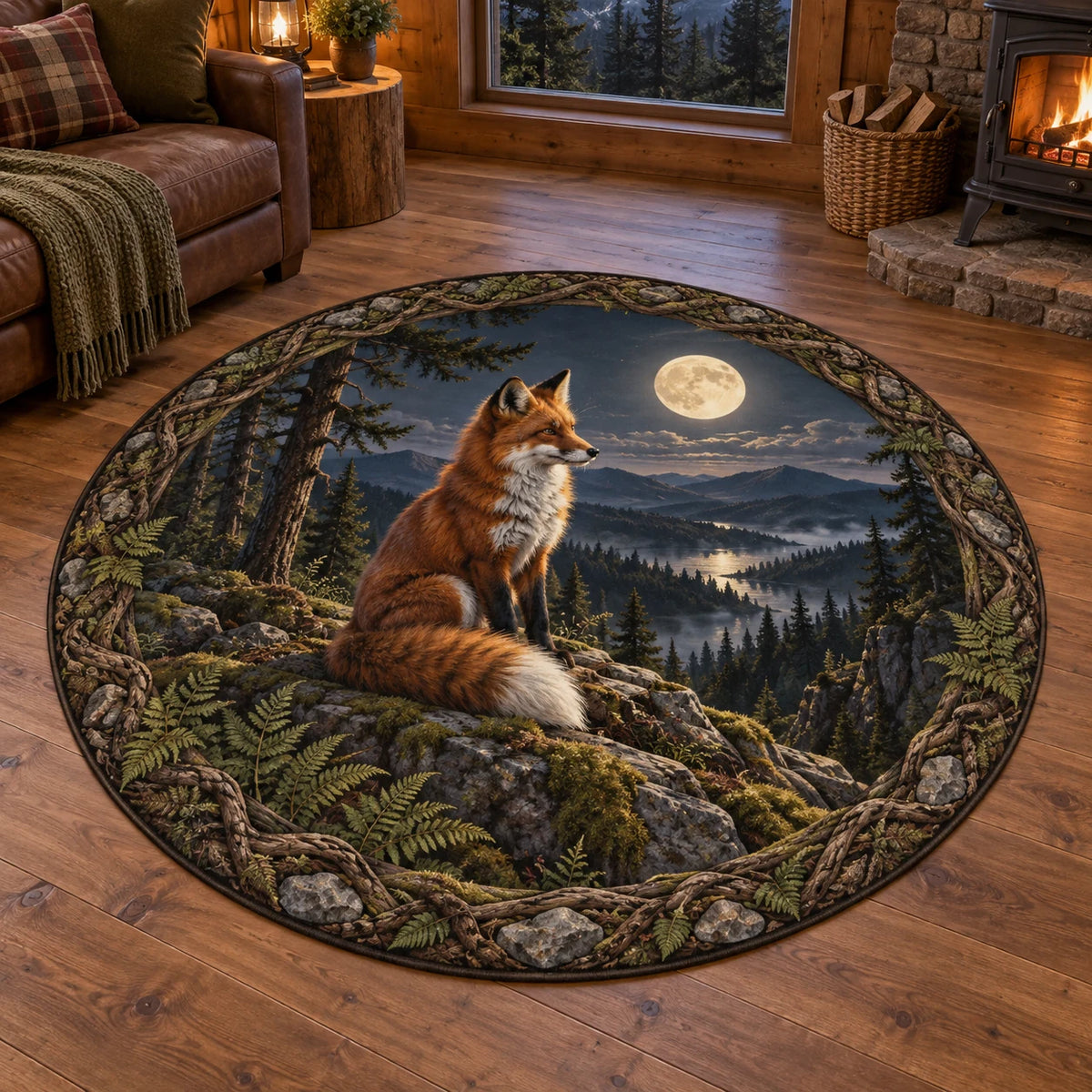Round mat rug featuring a red fox on a moonlit ridge framed by roots, ferns and stones