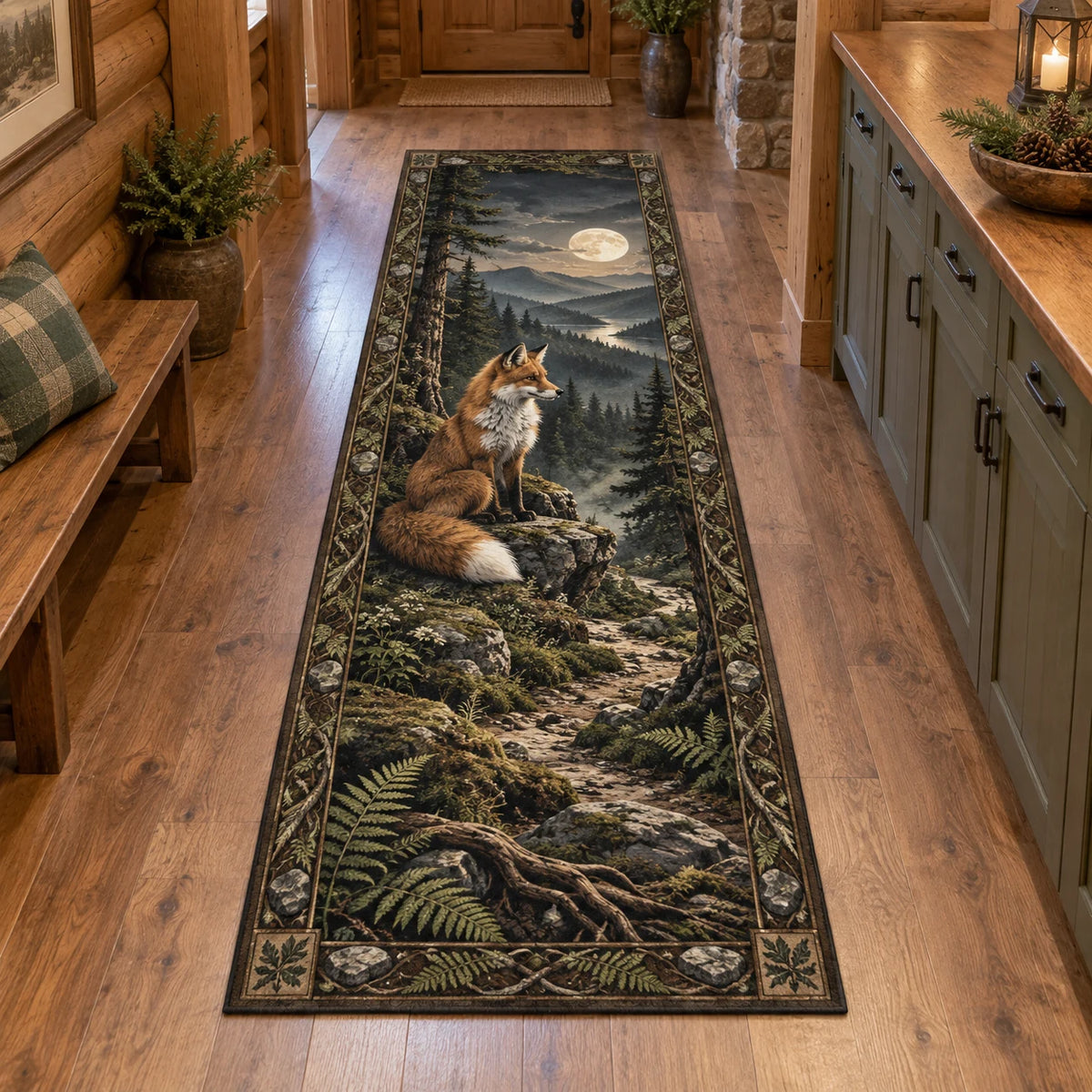 Red fox runner rug with moonlit hills, winding rocky path and root-and-fern borders