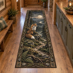 Red fox runner rug with moonlit hills, winding rocky path and root-and-fern borders