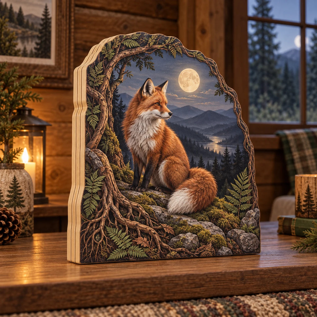 Three-layer wooden block with a red fox, moonlit forest ridge and root-and-fern frame