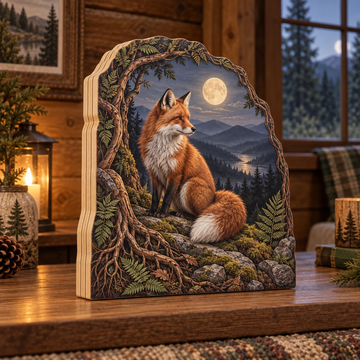 Three-layer wooden block with a red fox, moonlit forest ridge and root-and-fern frame