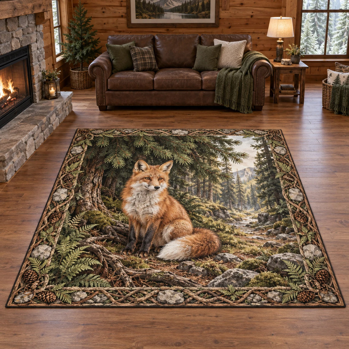 Area Rug with a red fox beneath pine branches, white-tipped tail, moss, ferns and gray stones.