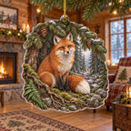 Christmas Ornament with a red fox beneath pine branches, white-tipped tail, moss, ferns and gray stones.
