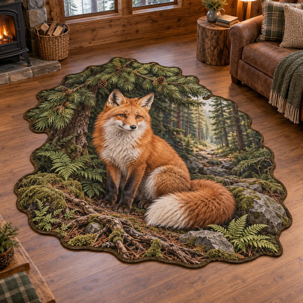 Custom Shape Area Rug with a red fox beneath pine branches, white-tipped tail, moss, ferns and gray stones.